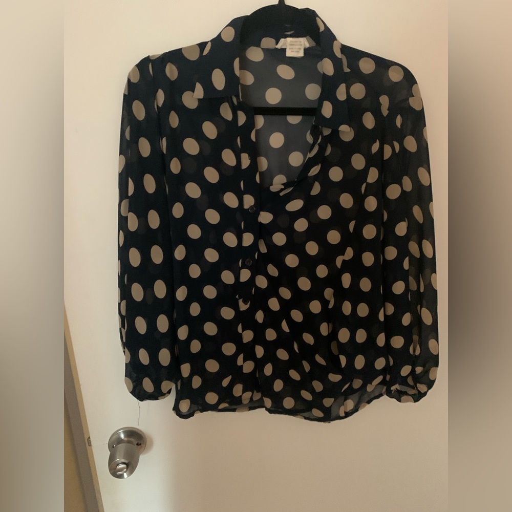 Sheer navy blouse with tan polka dots  Size medium